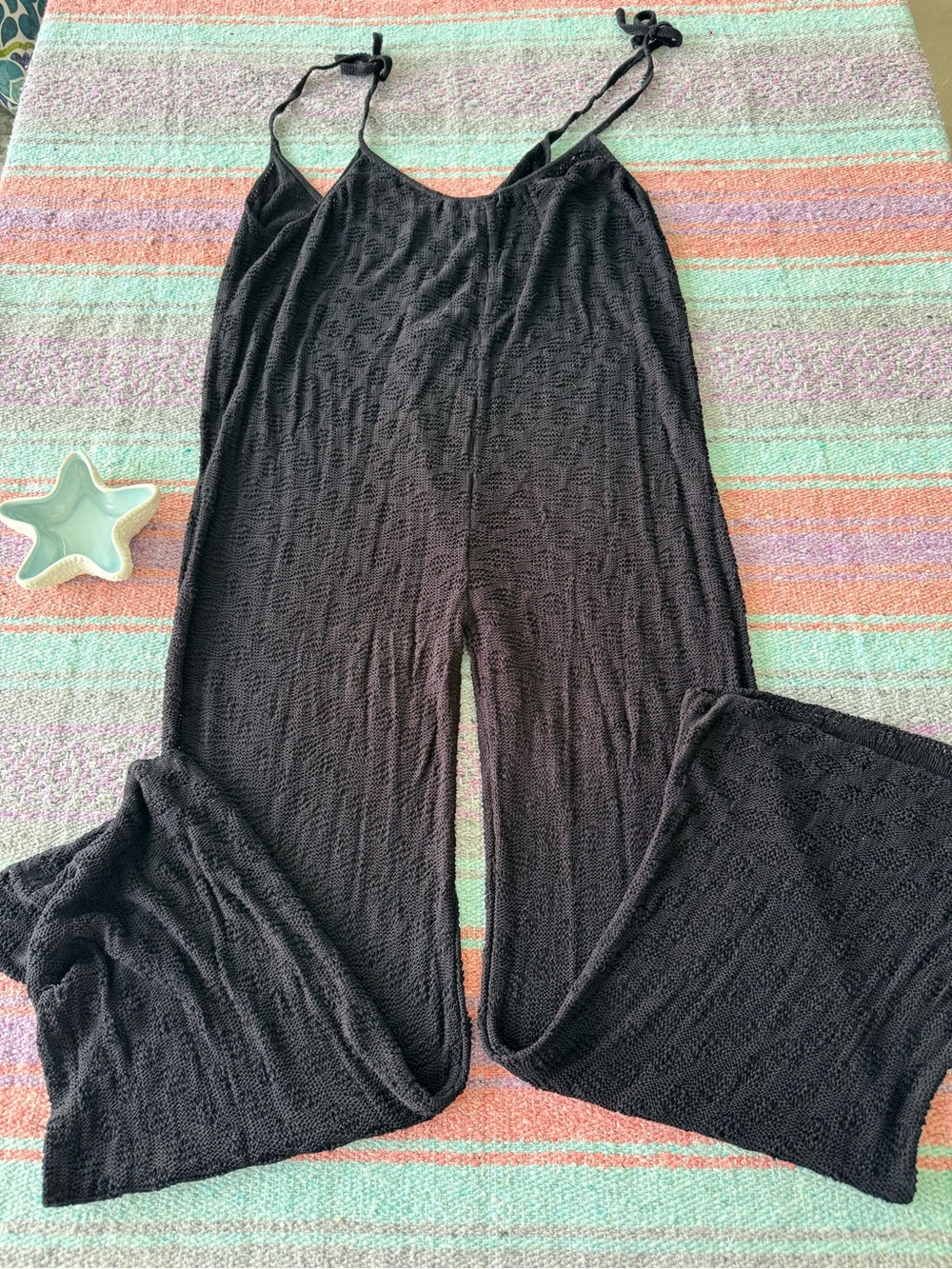 Black Women's Wide-Leg Knitted Jumpsuit with Tie Straps